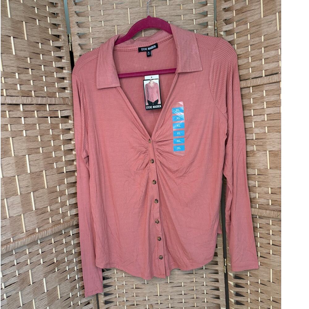 Steve Madden Womens XL "Rose Dawn" Ribbed Ruched Button Front Long Sleeve Top